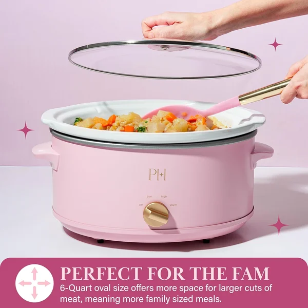 Paris Hilton 6-Quart Manual Slow Cooker, Naturally Nonstick Stoneware Ceramic Insert, Three Settings (Low, High, Warm), Dishwasher Safe Family Size Slow Cooker, Pink