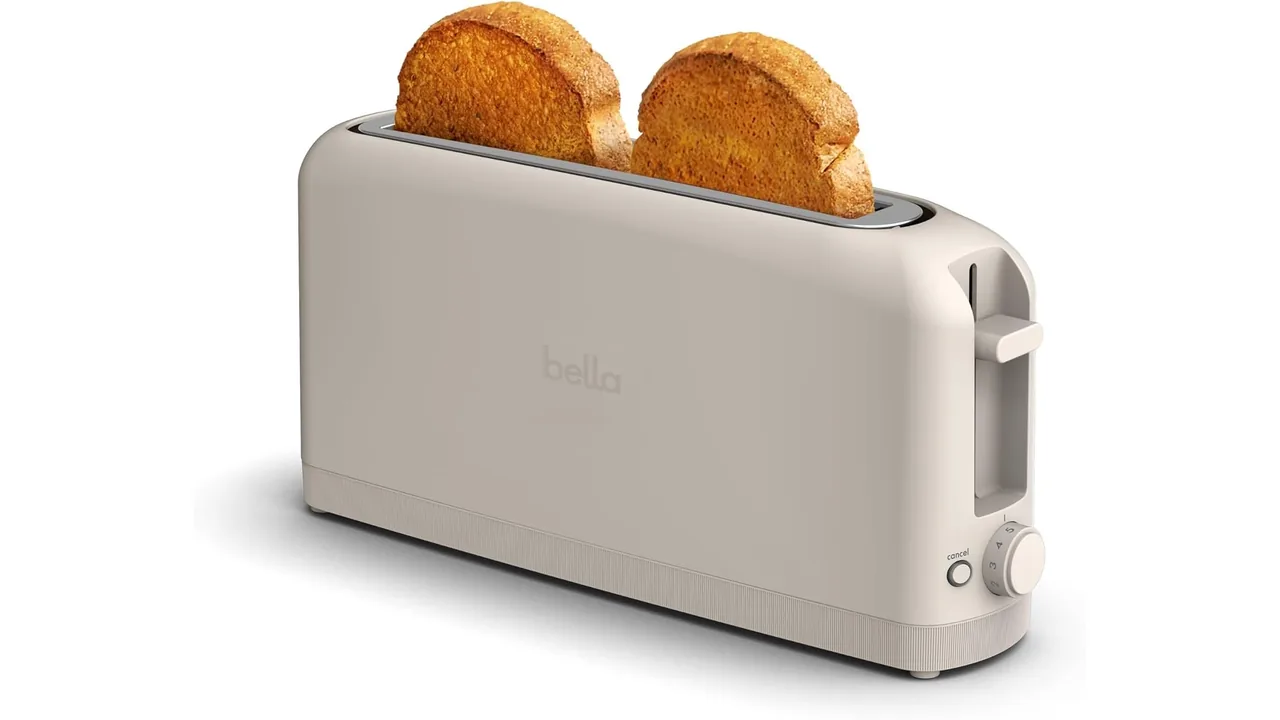 bella 2 Slice Slim Toaster,Fits-anywhere™ Kitchenware,6 Setting Shade Control with Reheat & Cancel Buttons,Fits sourdough,10” Long Slot,Anti Jam & Auto Shutoff,900 Watt,Oatmilk,(Pack of 6)