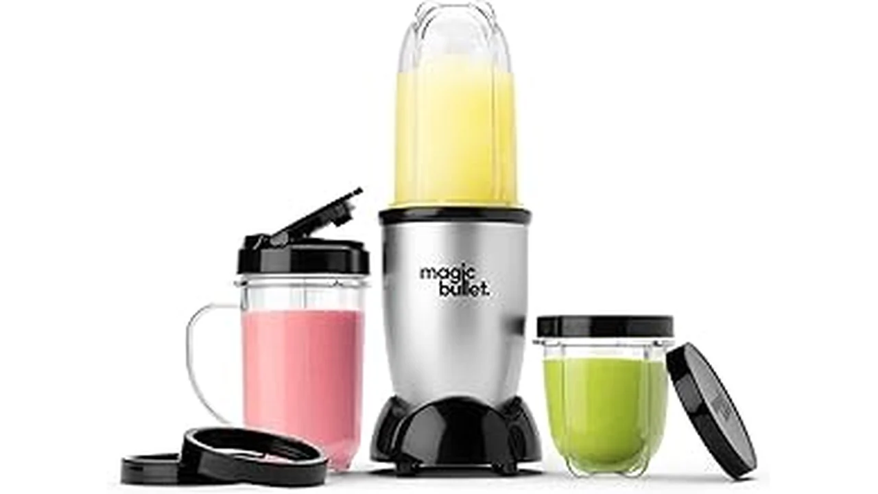The image shows a compact bullet blender with blending cups, ideal for making smoothies.