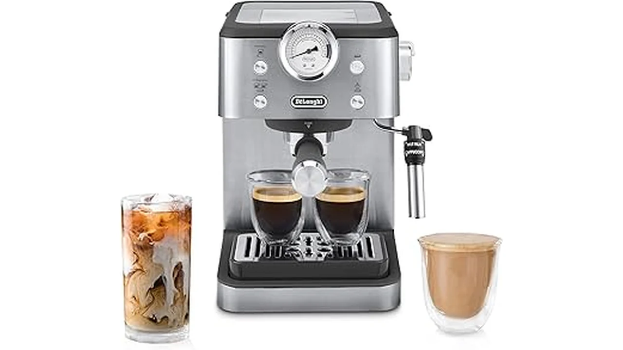 The image shows a collection of five sleek espresso machines, highlighting top home models.